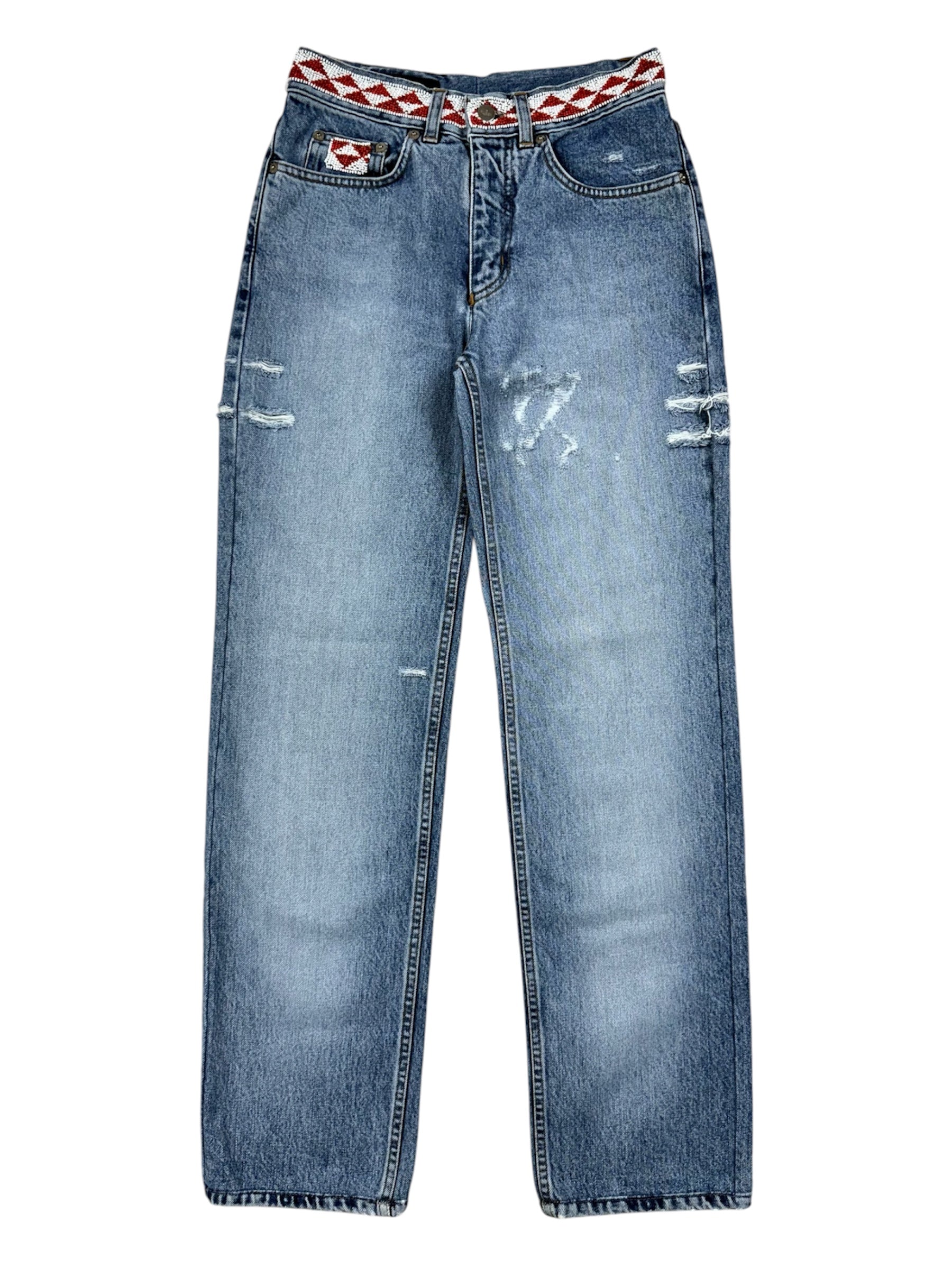 Gucci By Tom Ford SS1999 Distressed Artisanal Aztec Beaded Denim Jeans