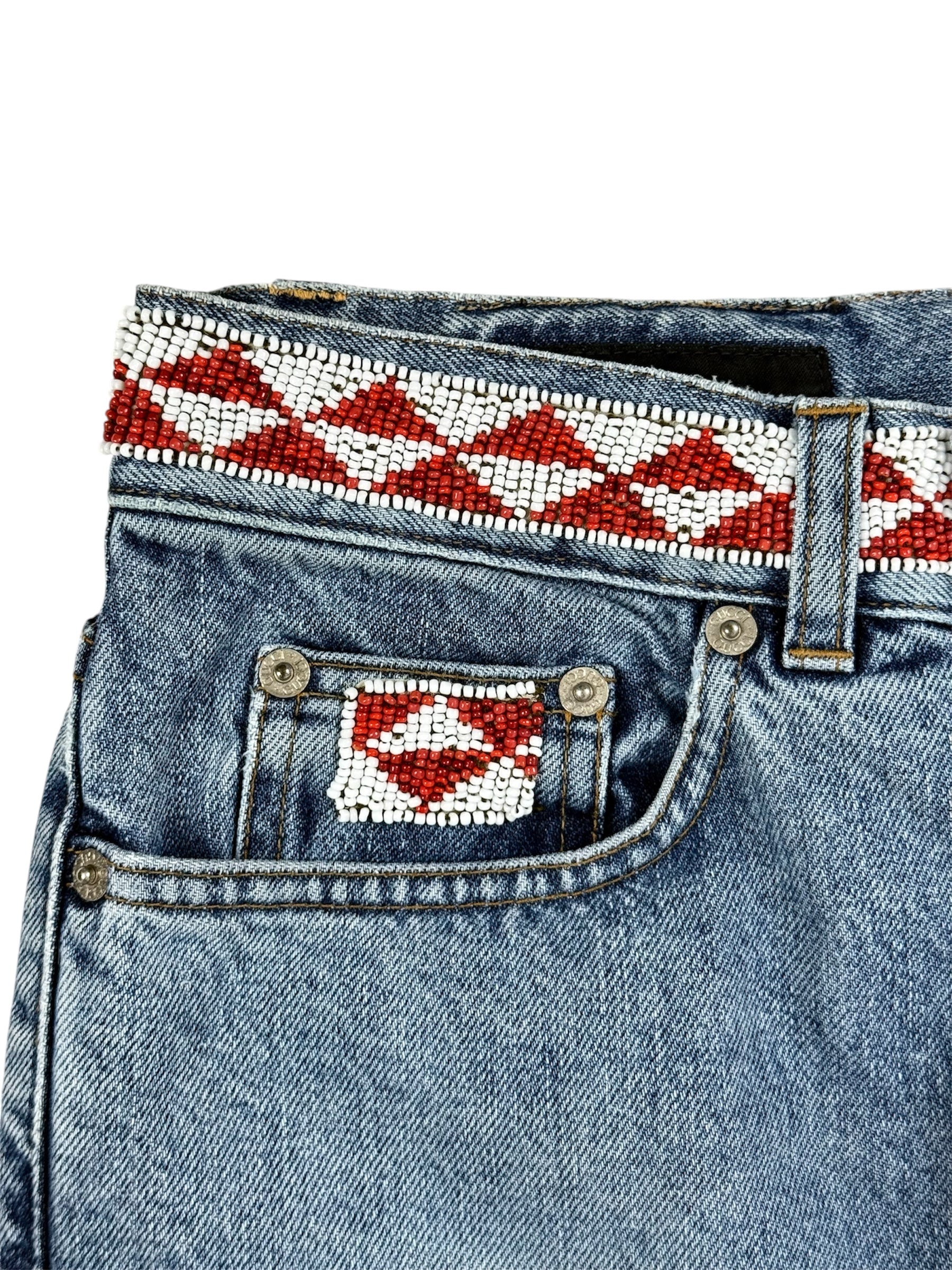 Gucci By Tom Ford SS1999 Distressed Artisanal Aztec Beaded Denim Jeans
