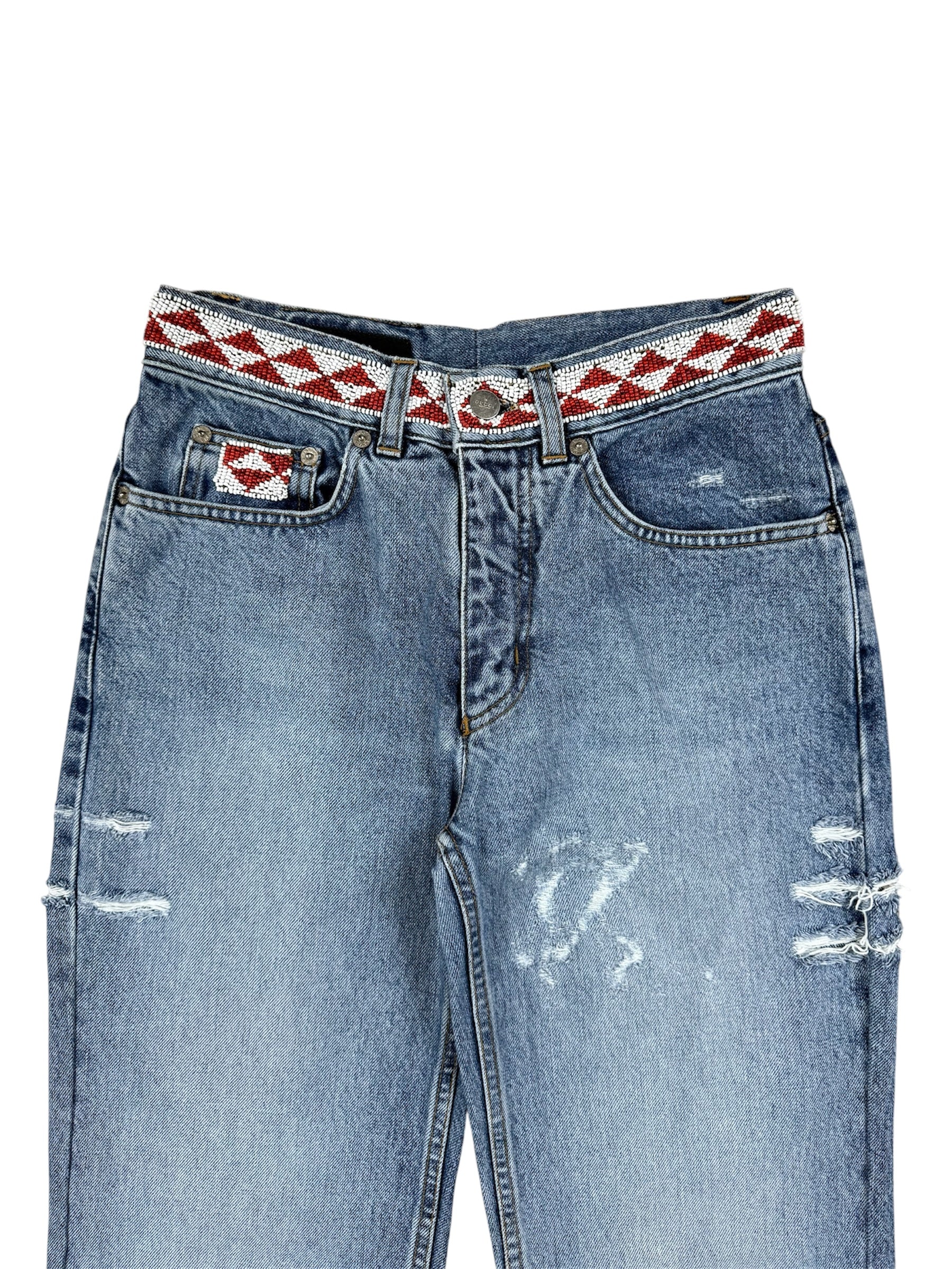 Gucci By Tom Ford SS1999 Distressed Artisanal Aztec Beaded Denim Jeans