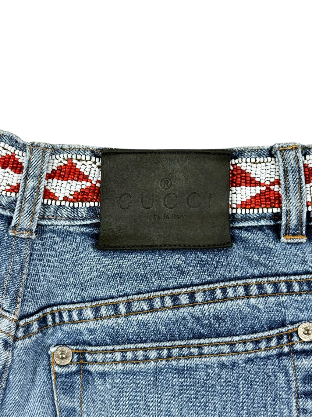Gucci By Tom Ford SS1999 Distressed Artisanal Aztec Beaded Denim Jeans