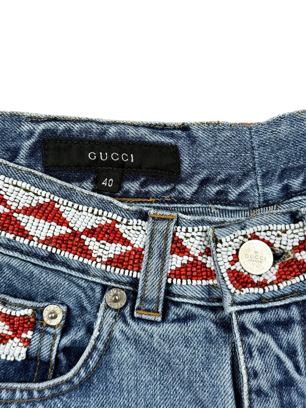 Gucci By Tom Ford SS1999 Distressed Artisanal Aztec Beaded Denim Jeans
