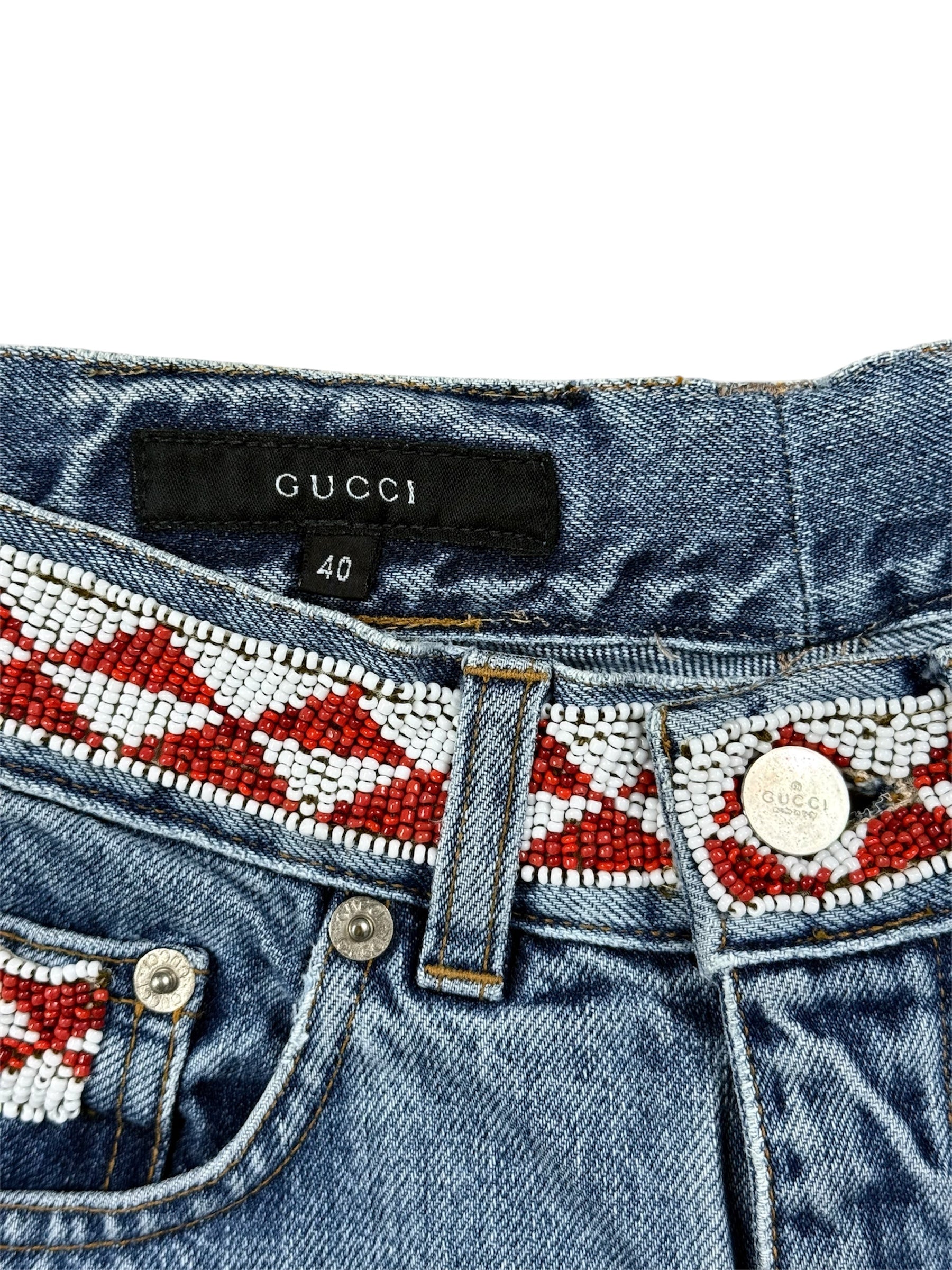 Gucci By Tom Ford SS1999 Distressed Artisanal Aztec Beaded Denim Jeans